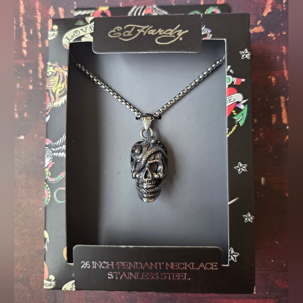 Ed Hardy Skull Snake Pendant Necklace – Stainless Steel Tattoo Y2K Goth
